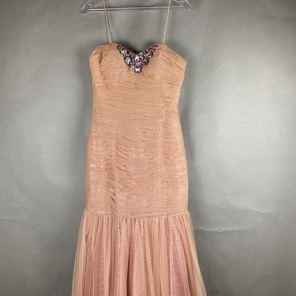 Shimmer by Bari Jay Formal Prom‎ Dress Women 4 Peach Tie Back